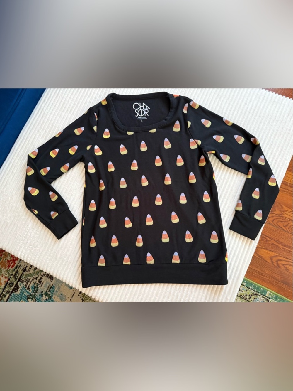 Chaser Women’s Large Black Candy Corn Print Long-Sleeve Top